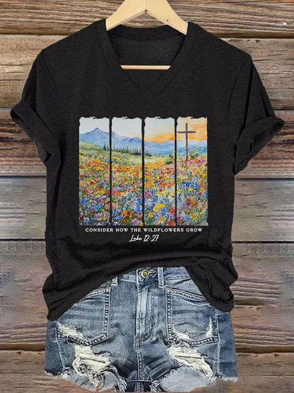 Women'S Casual Consider The Wildflowers Watercolor Aesthetic Christian Print Short Sleeve T-Shirt