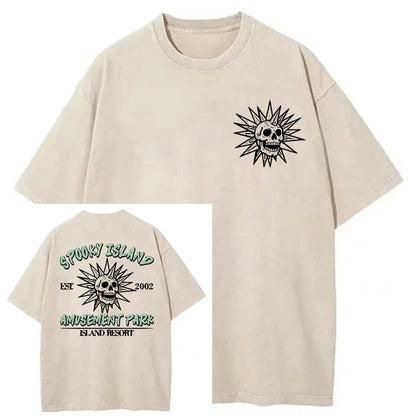 Spooky Island Cartoon Halloween Washed Cotton T-Shirt