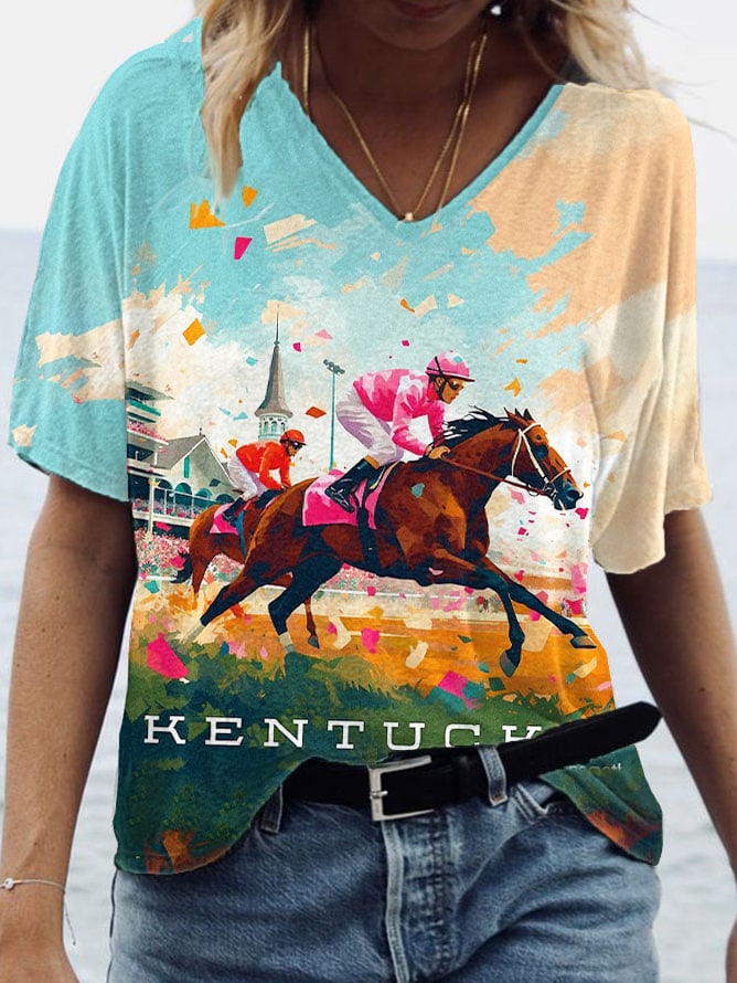 Women's Derby Horse Print V-Neck T-Shirt