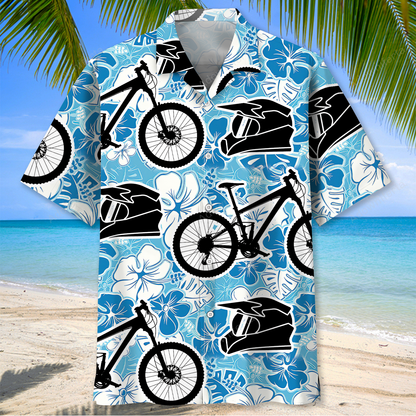 Mountain Bike Blue White Hibicus Hawaiian Shirt