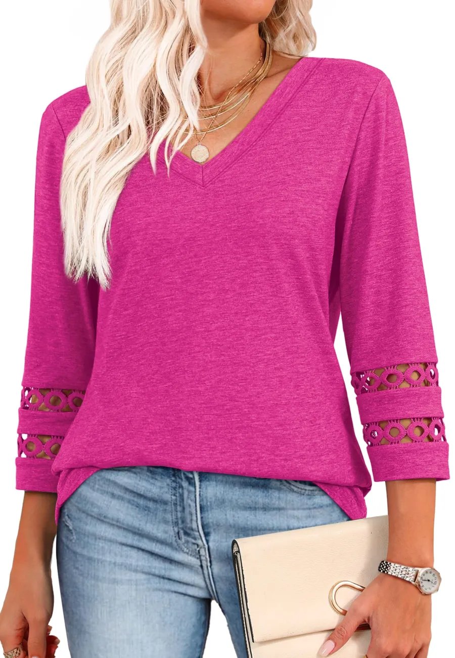 2025 New Womens 3/4 Length Sleeve Tops Trendy V Neck T Shirts(buy 3 free shipping)
