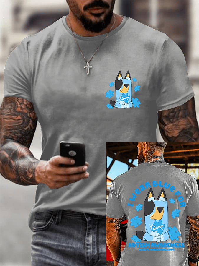 Men's Retro Autism Awareness I Wear Blue For Autism Printed Round Neck T-Shirt