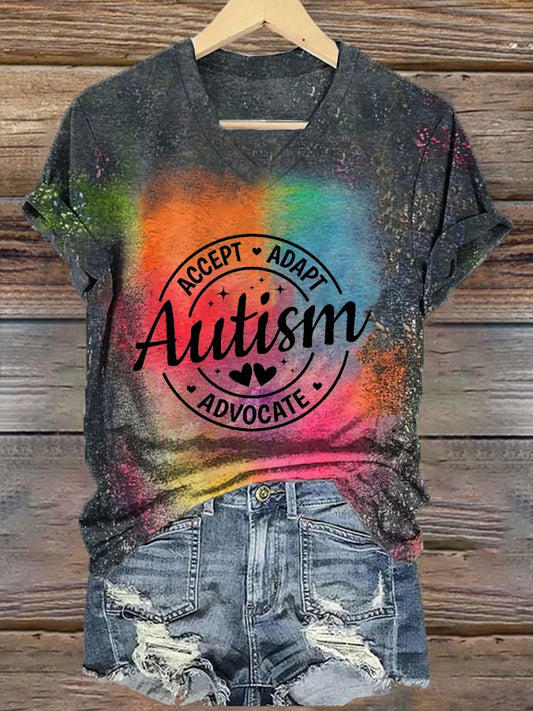 Women's Autism Awareness Autism Accept Adapt Advocate Tie Dye T-Shirt