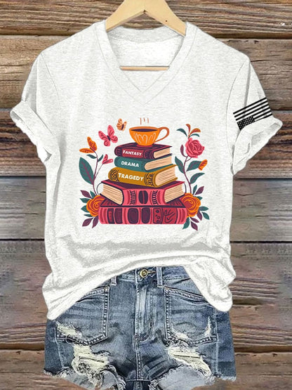 V-Neck Retro Fantasy Drama Tragedy Print T-Shirt