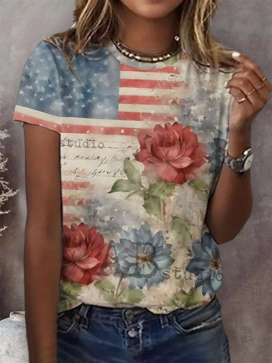 🔥Last Day 49% Off🔥Women'S Independence Day Round Neck Retro Floral Print Casual T-Shirt