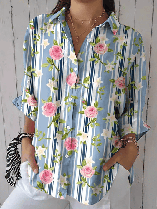 Women's Vintage Striped Floral Print Casual Lapel Shirt
