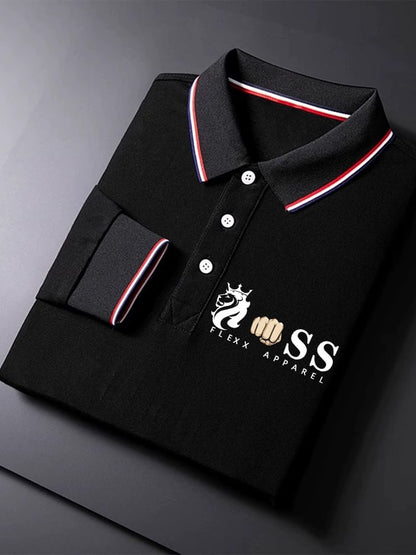 Herren-Business-Langarm-Poloshirt mit Retro-Buchstabendesign