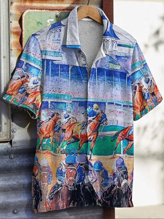 Men's Vintage Horse Racing Print Waffle Shirt