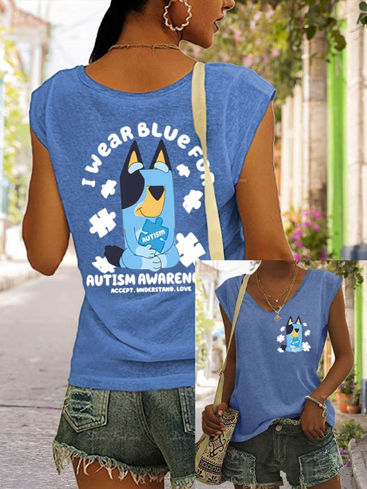 Women's Retro Autism Awareness I Wear Blue For Autism Print Sleeveless Tank Top