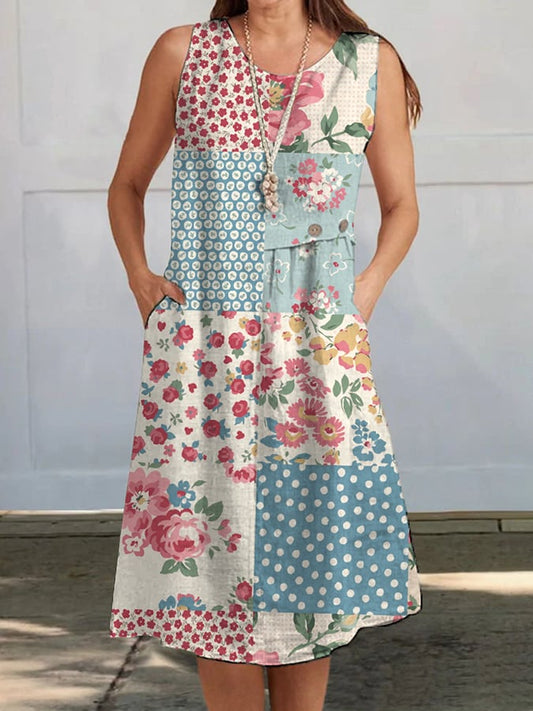 Women's Vintage Botanical Floral Print Button Patchwork Crew Neck Dress