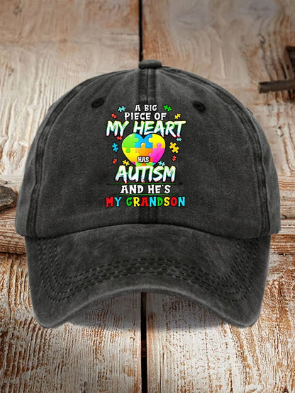 Retro A Big Piece Of My Heart Has Autism And He's My Grandson Print Baseball Cap