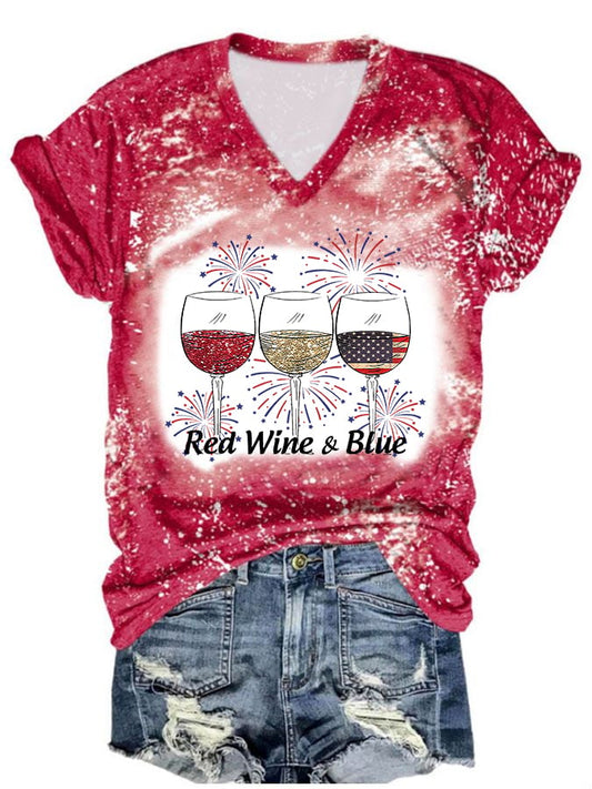 Women's Red Wine and Blue Print T-Shirt