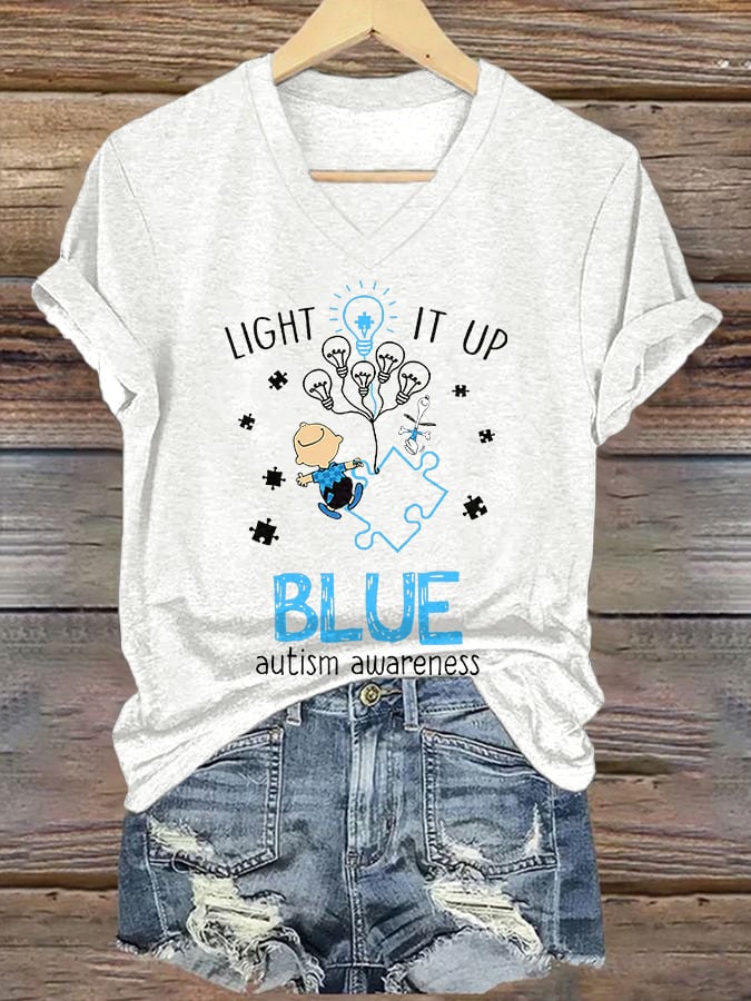 V-neck Retro Autism Awareness Light It Up Blue Print T-Shirt