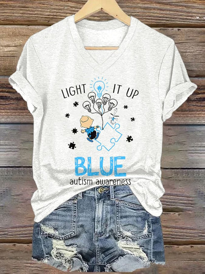 V-neck Retro Autism Awareness Light It Up Blue Print T-Shirt