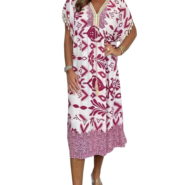Printed Casual Dress With V-Neckline and Fringes on the Short Sleeves