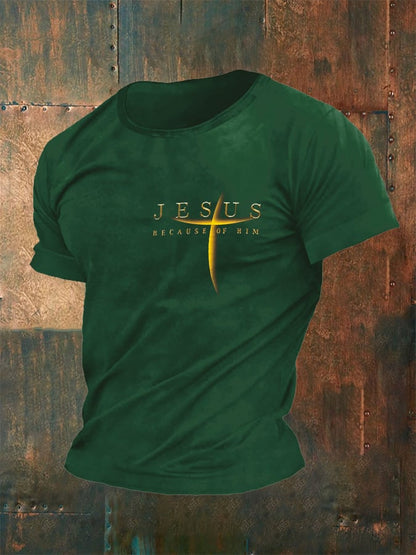 Men's Vintage Faith “Jesus Because Of Him”” Print Casual T-Shirt