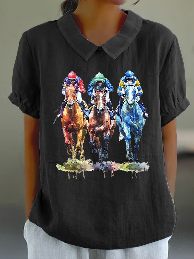 Women's Horse Racing Printed Doll Collar Casual Shirt