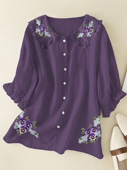 Women's Casual Art Spring Floral Cotton And Linen Shirt