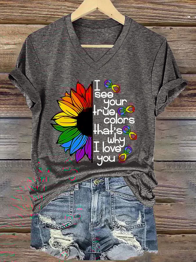 V-neck Retro Autism Awareness Infinity Symbol I See Your True Colors That's Why I Love You Print T-Shirt