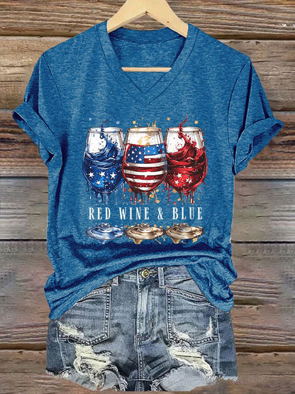 V-Neck Retro Independence Day Red Wine And Blue Print T-Shirt