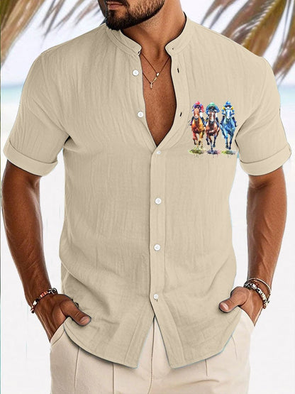Men's Horse Racinng Print Resort Casual Stand Collar Shirt