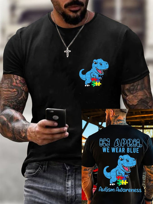 Men's Retro Fun Dinosaur Jigsaw Puzzle Autism Awareness Printed Round Neck T-Shirt