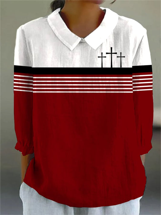 Women's Faith Print Design Lapel Shirt