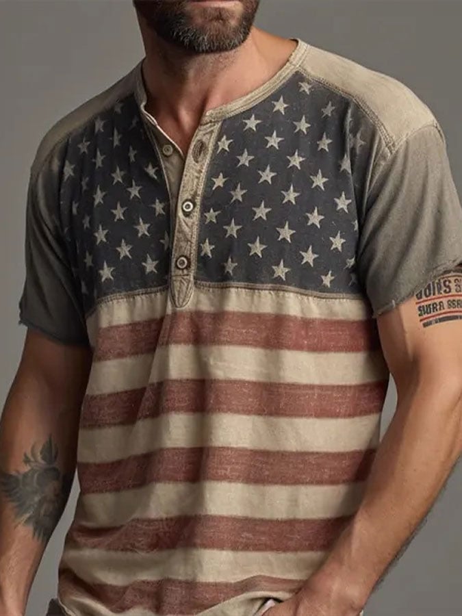 Men'sVintage American Flag Print Henley Collar T-Shirt