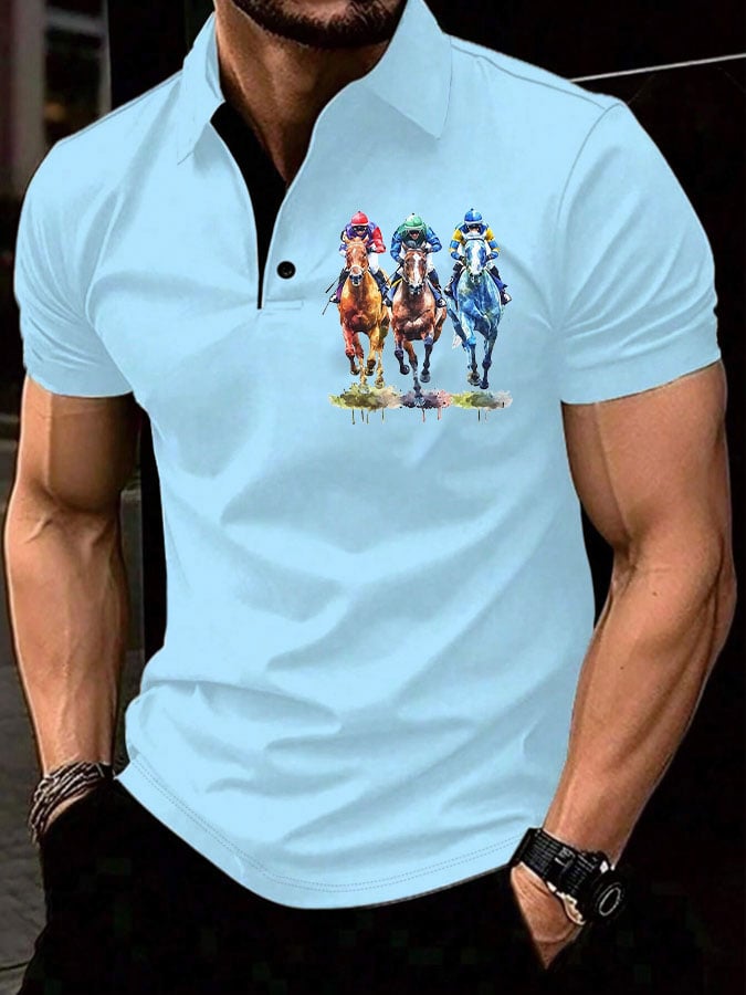Men's Horse Racing Printed Casual Polo Shirt