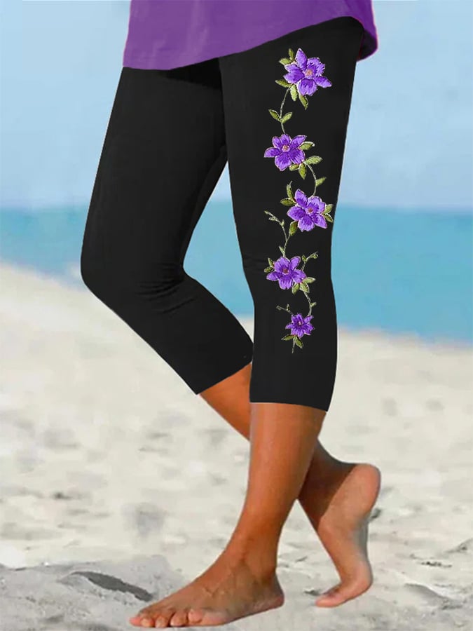 Women's Alzheimer's Purple Flower Print Awareness Support Cropped Leggings