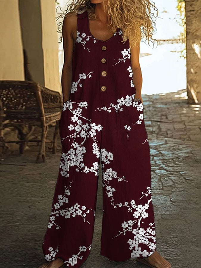 Fashionable And Casual Cotton And Linen Floral Art Jumpsuit