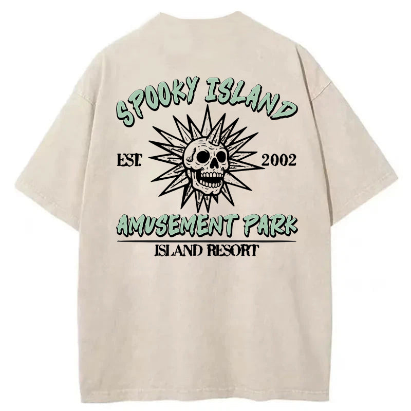 Spooky Island Cartoon Halloween Washed Cotton T-Shirt