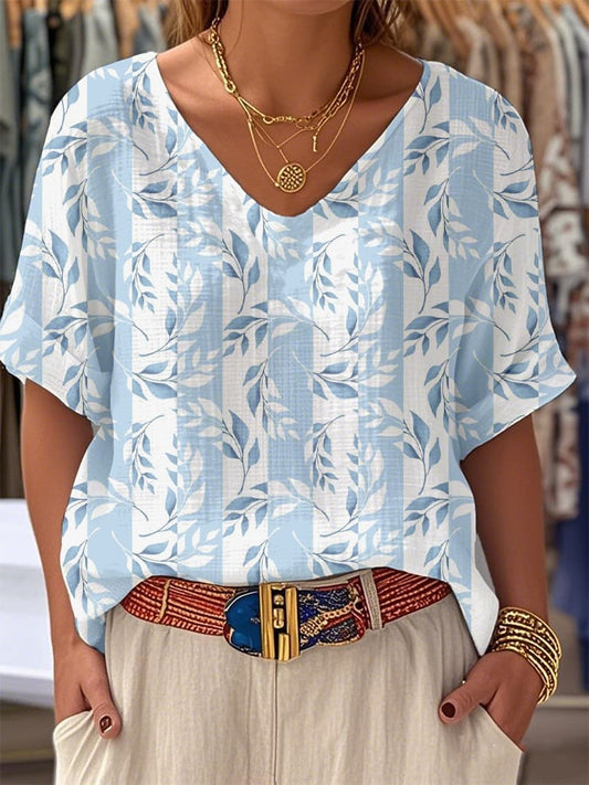 Women's Retro Botanical Floral Splicing Art Design Printed Casual V-Neck Top
