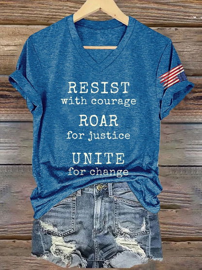 V-Neck Retro Resist With Courage Roar For Justice Unite For Change Print T-Shirt