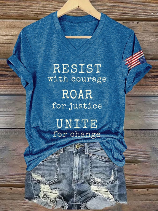 V-Neck Retro Resist With Courage Roar For Justice Unite For Change Print T-Shirt