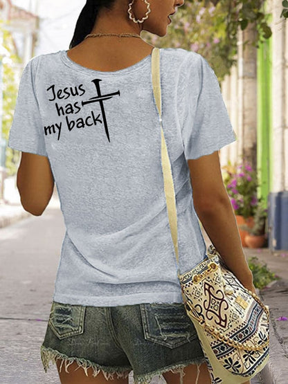 Womens Jesus has my back V-neck T-shirt