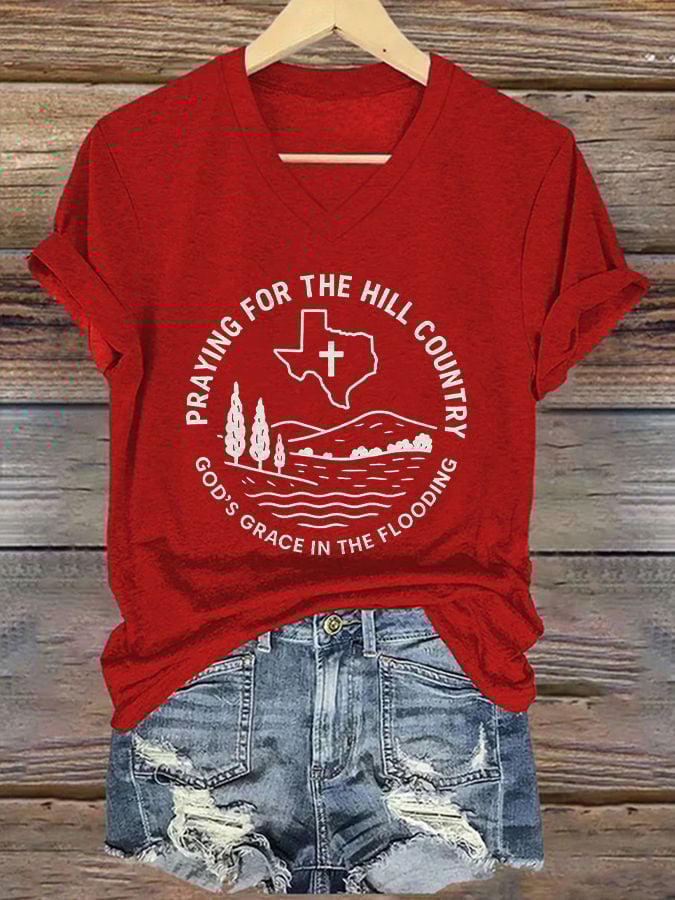 V-Neck Retro Texas Strong Praying For The Hill Country God’s Grace In The Flooding Print T-Shirt