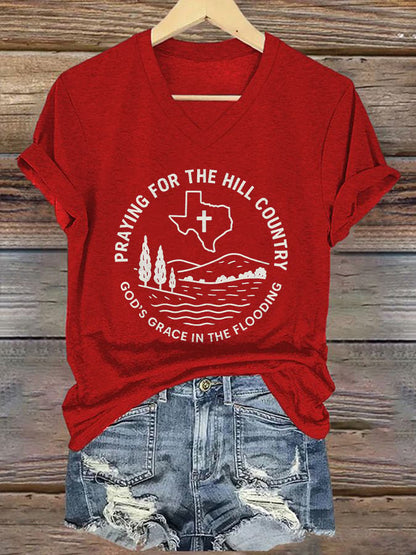V-Neck Retro Texas Strong Praying For The Hill Country God’s Grace In The Flooding Print T-Shirt