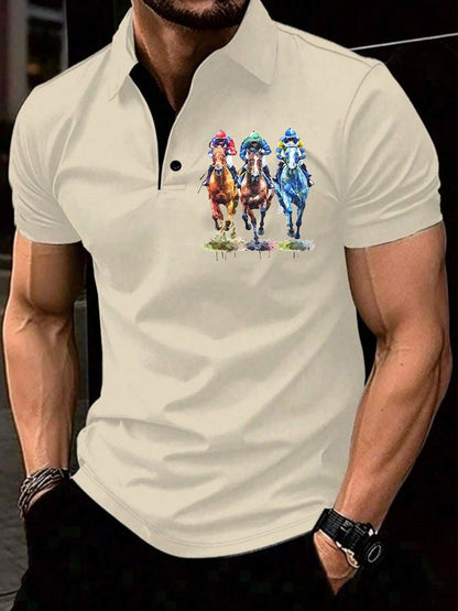 Men's Horse Racing Printed Casual Polo Shirt