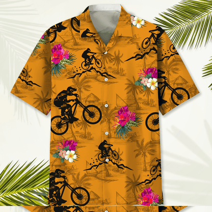 mountain bike orange tropical hawaiian shirt