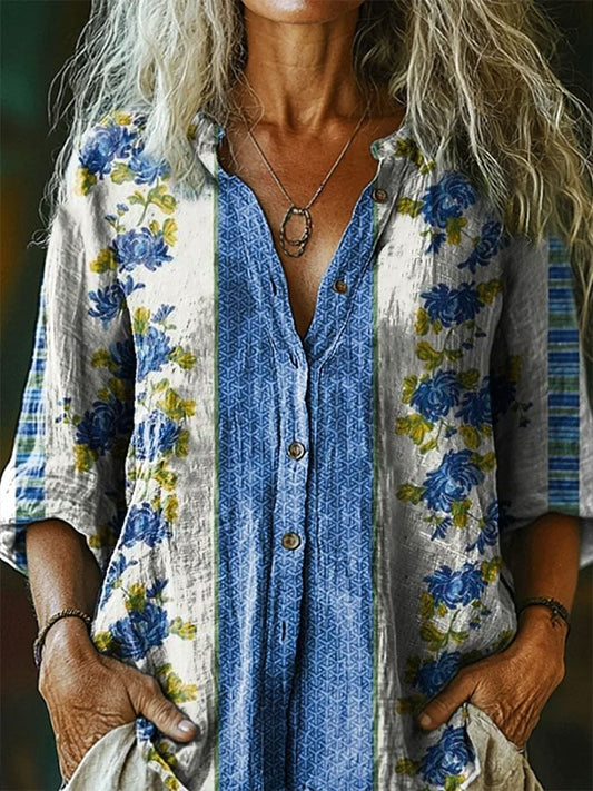 Women's Vintage Floral Print Lapel Shirt