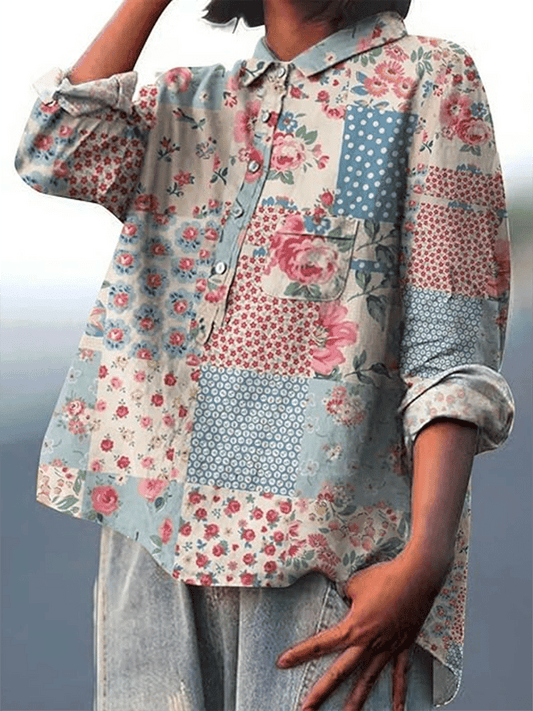 Women's Retro Botanical Floral Print Long Sleeve Lapel Shirt