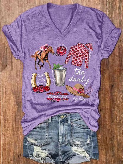 Women's Derby Horses Print V-Neck T-Shirt