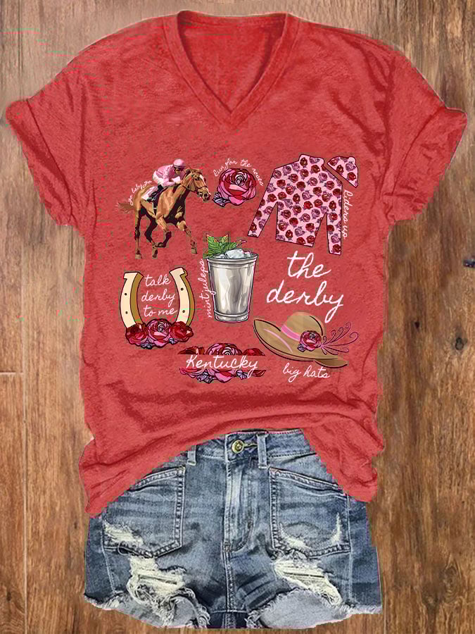 Women's Derby Horses Print V-Neck T-Shirt