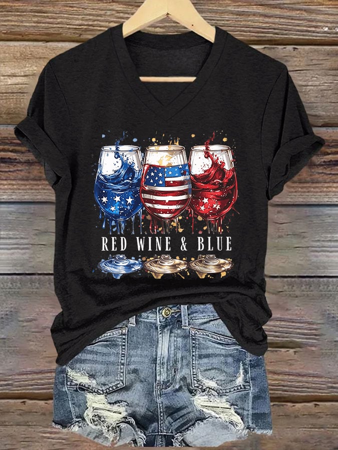 V-Neck Retro Independence Day Red Wine And Blue Print T-Shirt