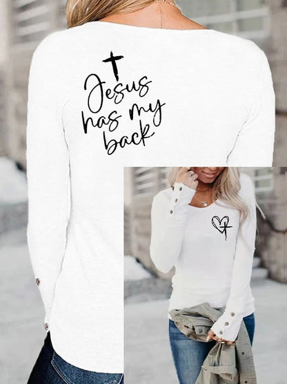 Women's Faith Love Like Jesus Jesus Has My Back Print Button Top