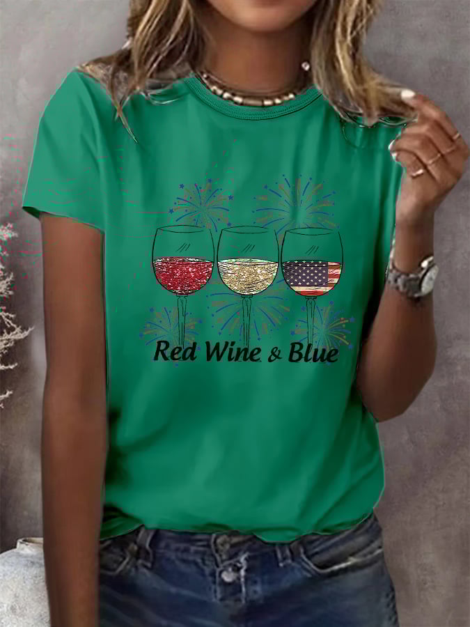 🔥Last Day 49% Off🔥Women's Red Wine And Blue Print Casual T-Shirt