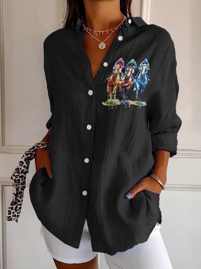 Women's Casual Art Horse Racing Cotton And Linen Shirt