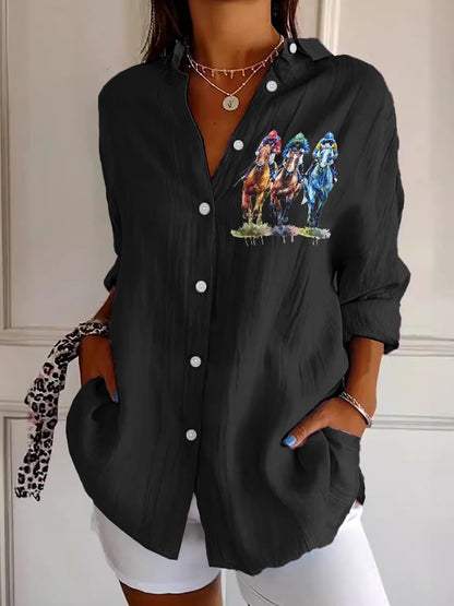 Women's Casual Art Horse Racing Cotton And Linen Shirt