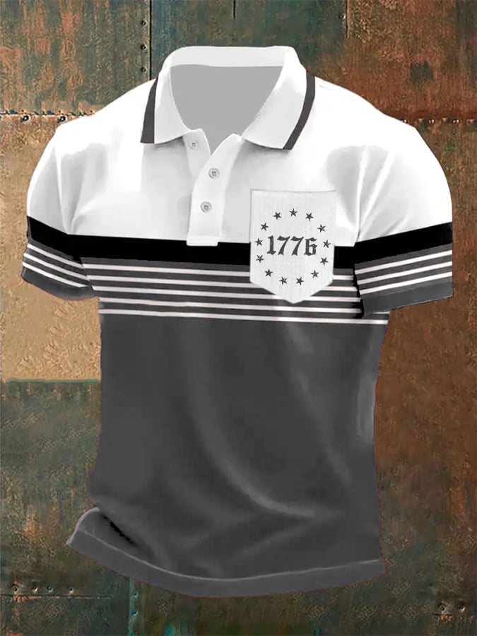 Men's Independence Day Retro Striped Casual Print With Pockets Polo Shirt